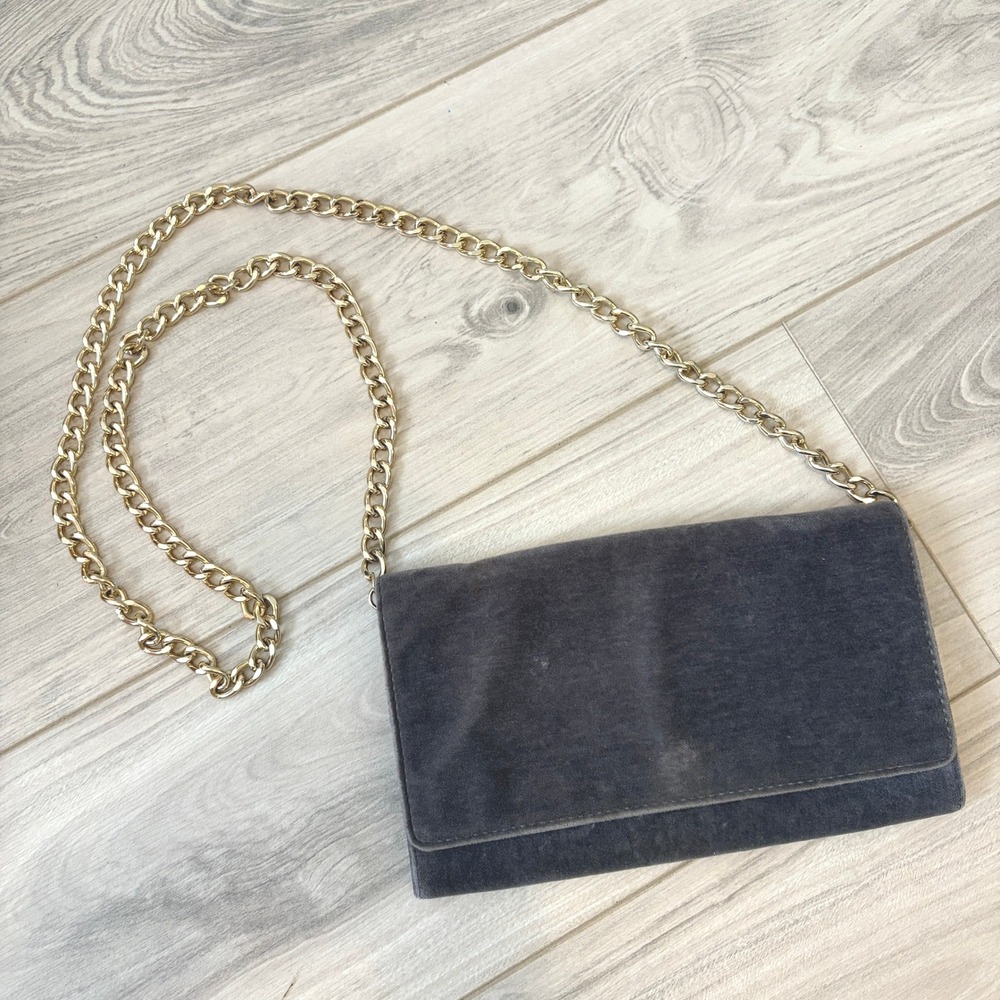 Barneys New York Velvet Crossbody Clutch Evening Bag Gray Gold Chain Strap